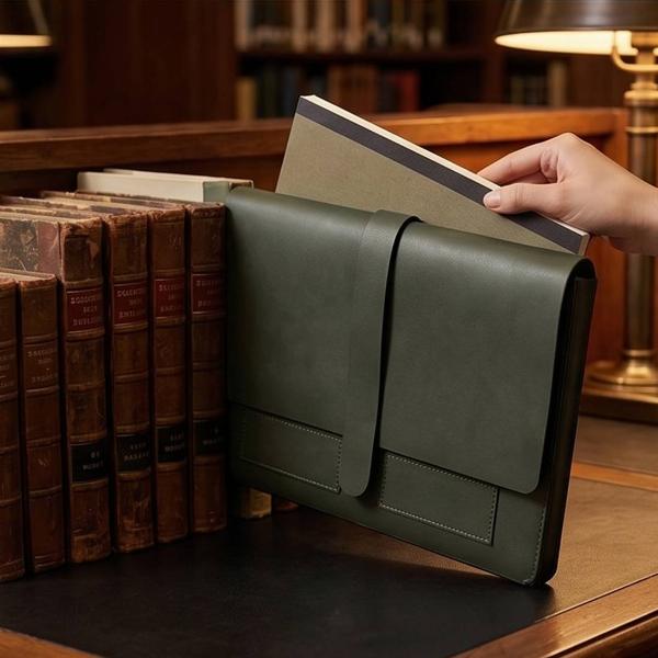 Customized Olive Green Leather Laptop Envelope Sleeve with Strap Closure