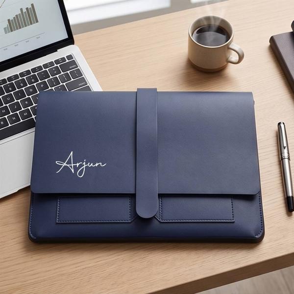 Customized Navy Blue Leather Laptop Envelope Sleeve with Strap Closure