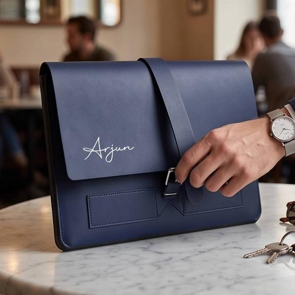 Customized Navy Blue Leather Laptop Envelope Sleeve with Strap Closure