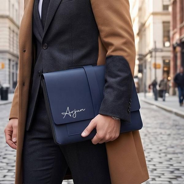 Customized Navy Blue Leather Laptop Envelope Sleeve with Strap Closure
