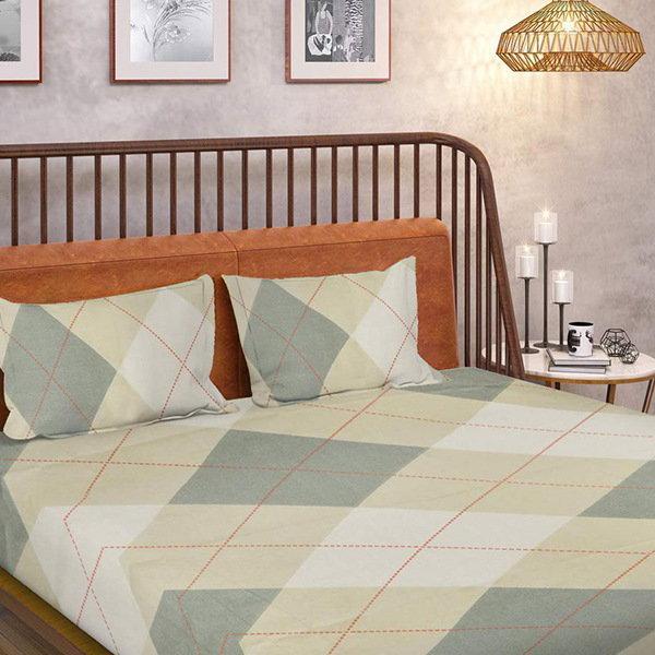 Beige and Green Customized Double Bedsheet with 2 Pillow Covers