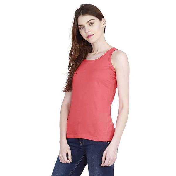 Coral Red Customized Women Cotton Plain Round Neck Sleeveless Tank Top