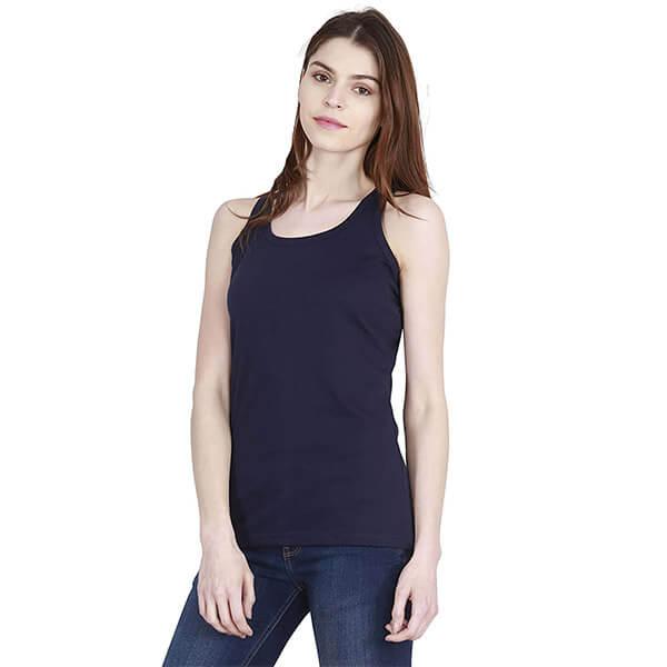 Navy Blue Customized Women Cotton Plain Round Neck Sleeveless Tank Top