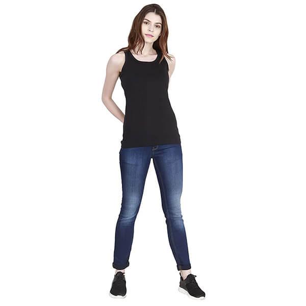 Black Customized Women Cotton Plain Round Neck Sleeveless Tank Top