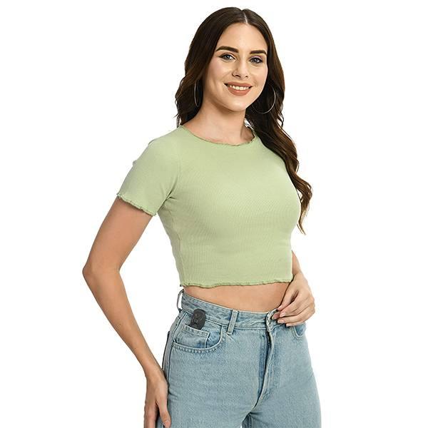 Pista Customized Women Solid Round Neck Cotton Rib Crop Top