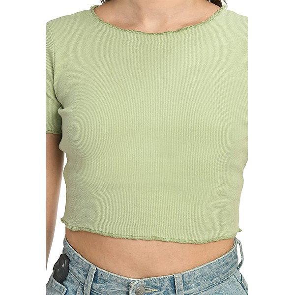 Pista Customized Women Solid Round Neck Cotton Rib Crop Top