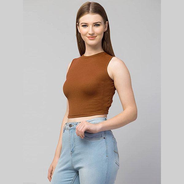 Brown Customized Women Solid Ribbed Crop Tank Top