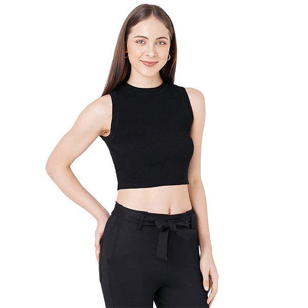 Black Customized Women Solid Ribbed Crop Tank Top